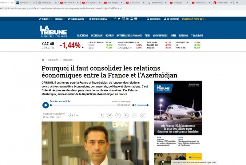 “Fransanın “La Tribune” portalında Azərbaycan səfirinin məqaləsi dərc olunub