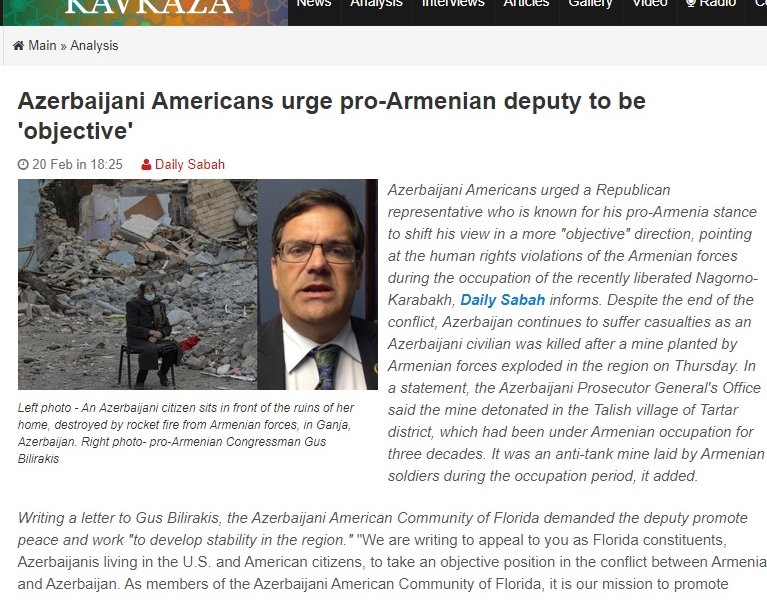 “ABŞ-dakı Azərbaycan diasporu ermənipərəst konqresmeni ədalətli mövqe tutmağa çağırıb