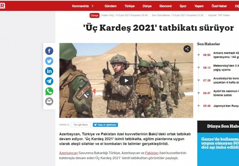 “Türkiyə mediası “Üç Qardaş – 2021” beynəlxalq təlimi barədə materiallar yaymaqda davam edir