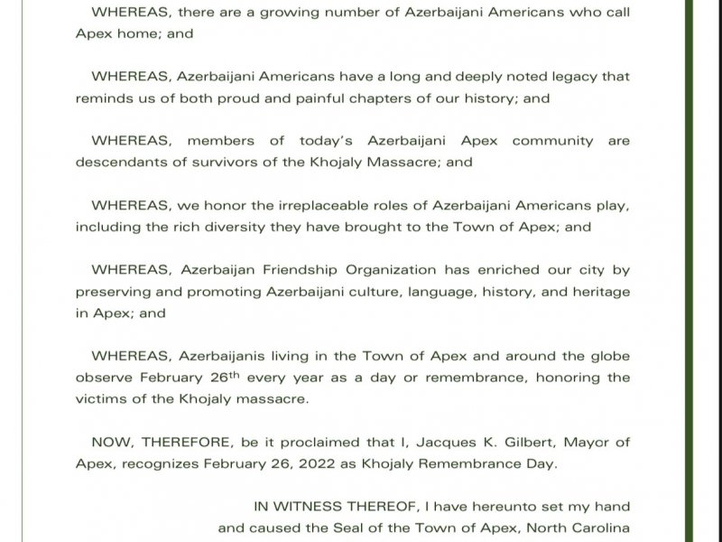 В трех городах США 26 февраля объявлено “Днем памяти Xoджалы”