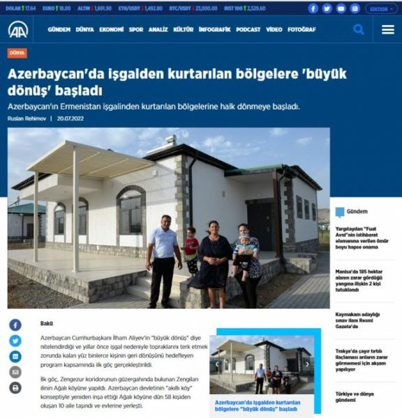 Anadolu Agentliyi: Prezident İlham Əliyevin qətiyyətlə söylədiyi “Qarabağa Böyük Qayıdış” başladı