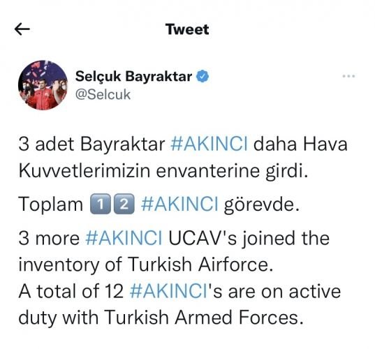 “Türkiyə ordusunun inventarına daha üç ədəd “Bayraktar AKINCI” daxil edilib
