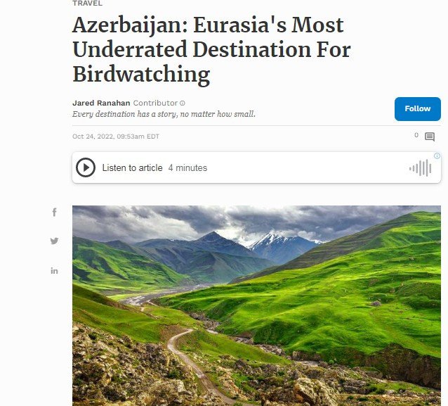 ““Forbes”: Azərbaycan quşların inanılmaz müxtəlifliyinə malik ölkələrdəndir