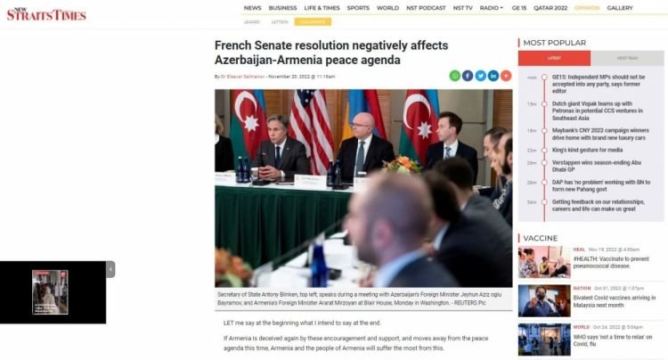 ““New Straits Times” qəzeti: Fransa Senatının qətnaməsi Azərbaycan-Ermənistan sülh gündəliyinə mənfi təsir göstərir