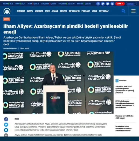 Azərbaycan Prezidentinin Əbu-Dabidəki çıxışı Türkiyə mediasında geniş işıqlandırılıb