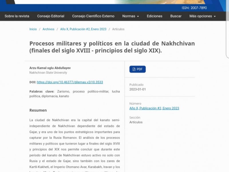 Naxçıvan şəhərində hərbi-siyasi proseslərlə bağlı məqalə beynəlxalq jurnalda dərc olunub