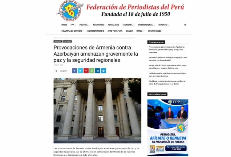 Peru mətbuatında Ermənistanın Azərbaycana qarşı son hərbi təxribatı pislənib
