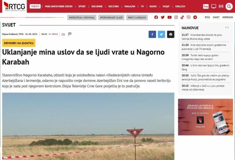 “Monteneqronun “RTCG” kanalı: İnsanların Qarabağa qayıtması üçün ərazilərin minalardan təmizlənməsi mühüm şərtdir