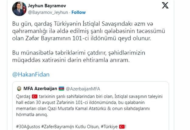 Ceyhun Bayramov Türkiyəni Zəfər günü münasibətilə təbrik edib