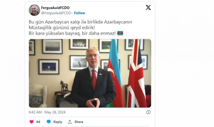 Britaniya səfiri Azərbaycanın Müstəqillik Gününü təbrik edib