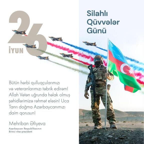 Mehriban Əliyeva Silahlı Qüvvələr Günü münasibətilə paylaşım edib