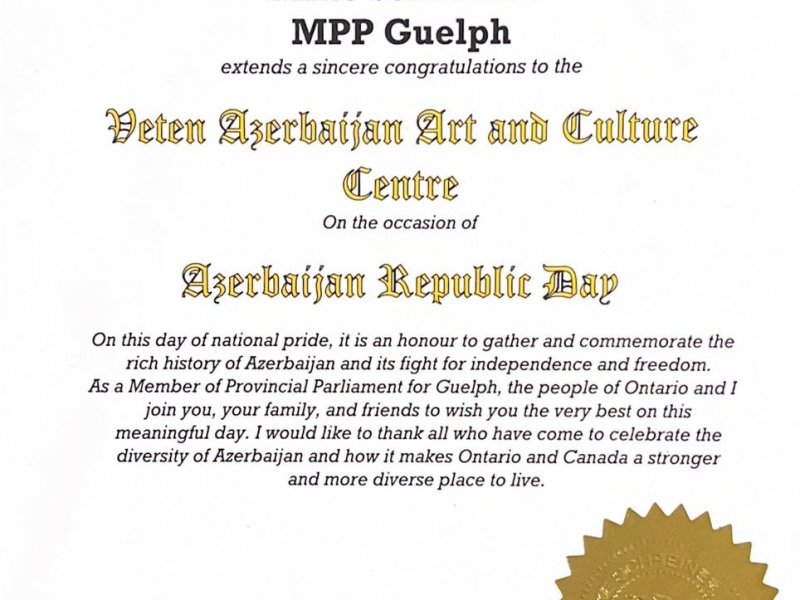 Ontario əyalətinin rəsmiləri 28 May – Müstəqillik Günü ilə əlaqədar bəyannamə və təbrik məktubları ünvanlayıblar