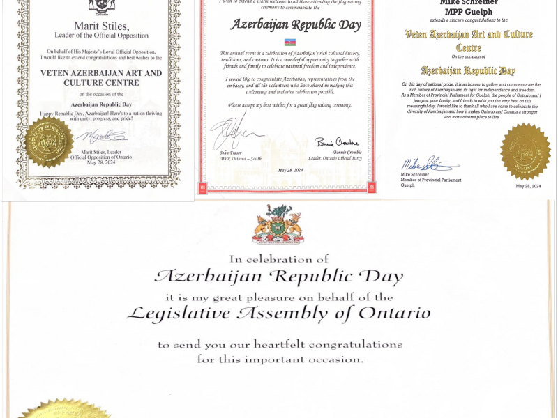 Ontario əyalətinin rəsmiləri 28 May – Müstəqillik Günü ilə əlaqədar bəyannamə və təbrik məktubları ünvanlayıblar