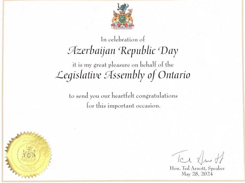 Ontario əyalətinin rəsmiləri 28 May – Müstəqillik Günü ilə əlaqədar bəyannamə və təbrik məktubları ünvanlayıblar