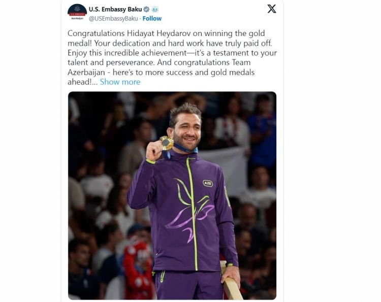 ABŞ səfirliyi Hidayət Heydərovu Olimpiadada qazandığı qələbə münasibətilə təbrik edib