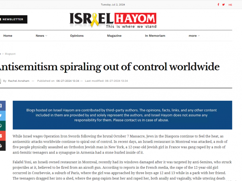 “Israel HaYom”: Əhalisinin 58%-i antisemit düşüncəli Ermənistan postsovet məkanında bu göstəriciyə görə ön sıradadır