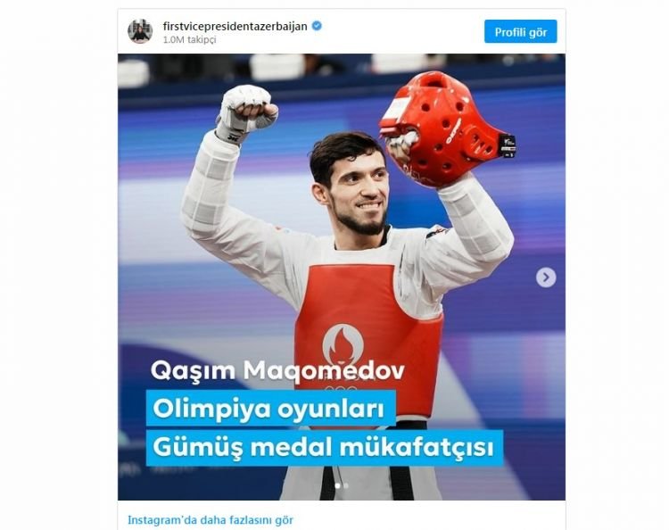 Mehriban Əliyeva Yay Olimpiya Oyunlarının gümüş mükafatçısı Qaşım Maqomedovu təbrik edib