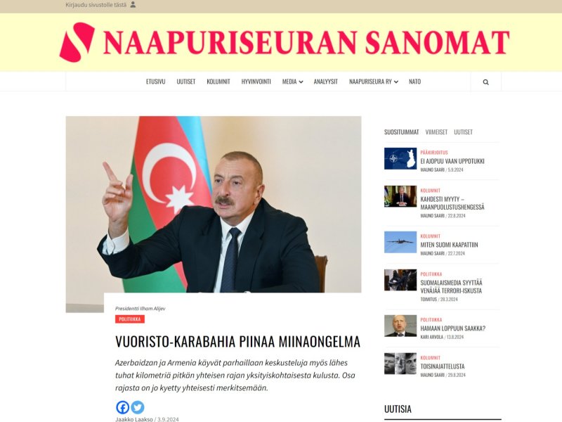Finlandiyada Azərbaycanla Ermənistanın münasibətlərindən bəhs edən məqalə dərc olunub
