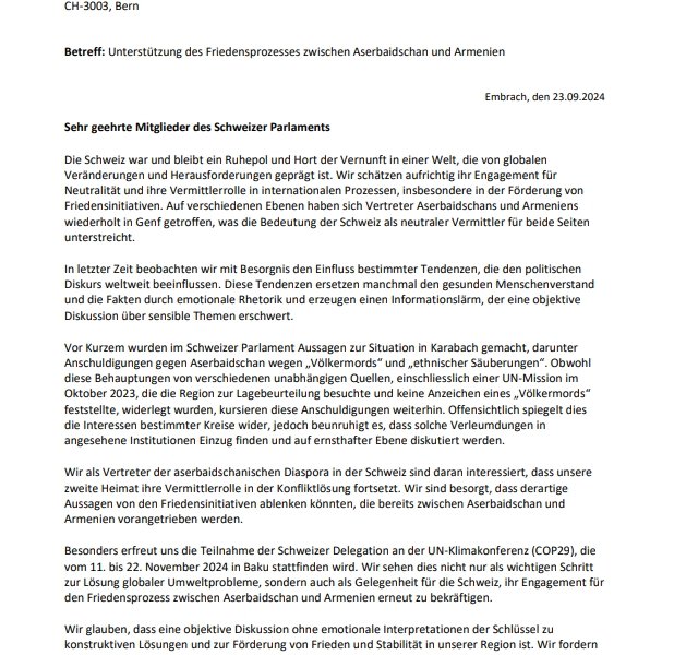 Azərbaycan diasporu İsveçrə parlamentinə bəyanat ünvanlayıb