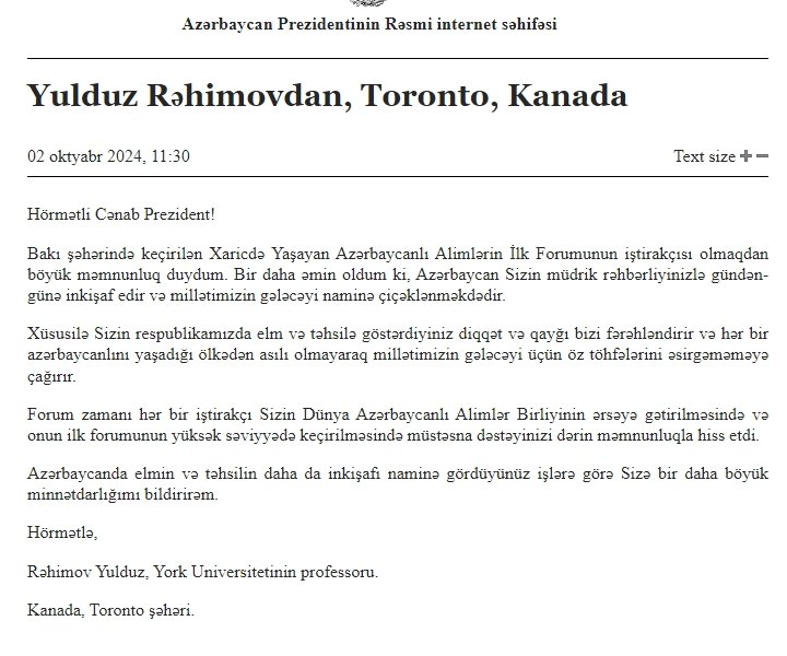 Xaricdə Yaşayan Azərbaycanlı Alimlərin Forumunun iştirakçıları Azərbaycan Respublikasının Prezidentinə təşəkkür ediblər