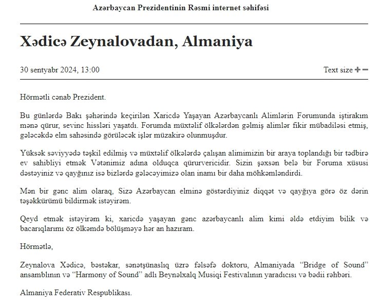 Xaricdə Yaşayan Azərbaycanlı Alimlərin Forumunun iştirakçıları Azərbaycan Respublikasının Prezidentinə təşəkkür ediblər