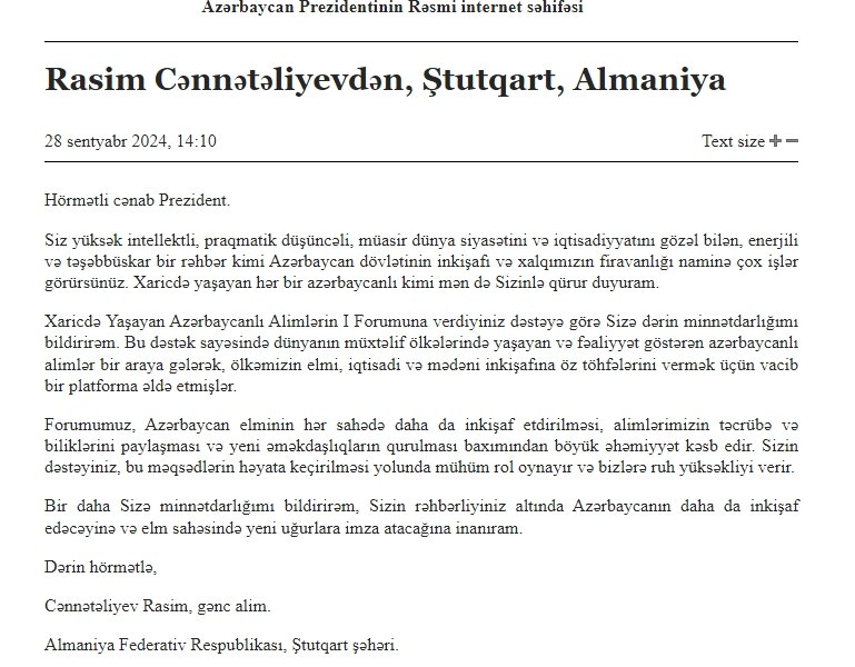 Xaricdə Yaşayan Azərbaycanlı Alimlərin Forumunun iştirakçıları Azərbaycan Respublikasının Prezidentinə təşəkkür ediblər