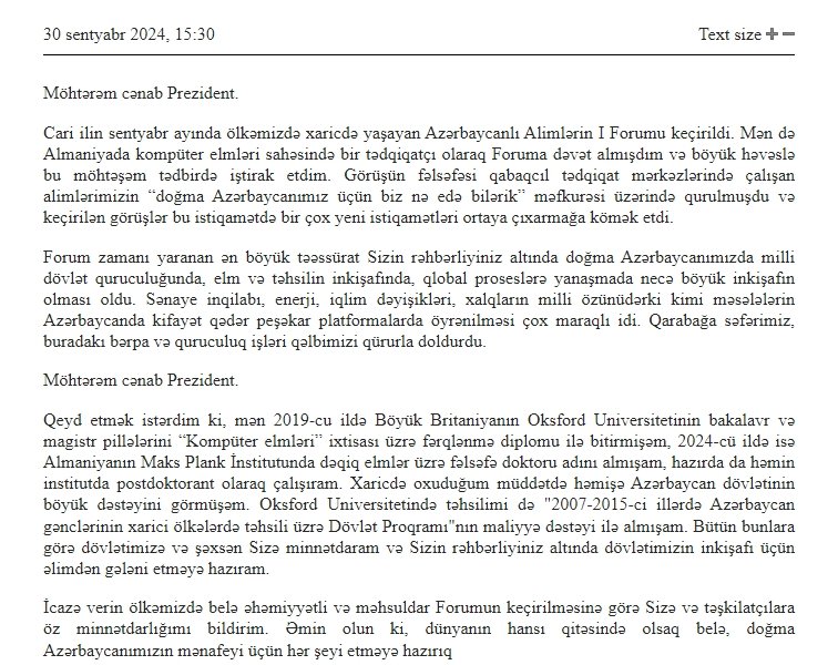 Xaricdə Yaşayan Azərbaycanlı Alimlərin Forumunun iştirakçıları Azərbaycan Respublikasının Prezidentinə təşəkkür ediblər