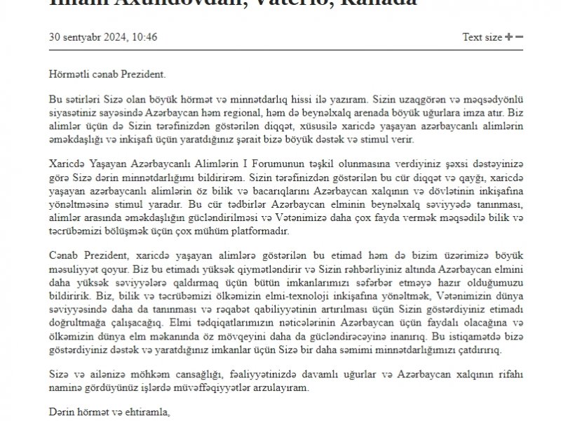Xaricdə Yaşayan Azərbaycanlı Alimlərin Forumunun iştirakçıları Azərbaycan Respublikasının Prezidentinə təşəkkür ediblər