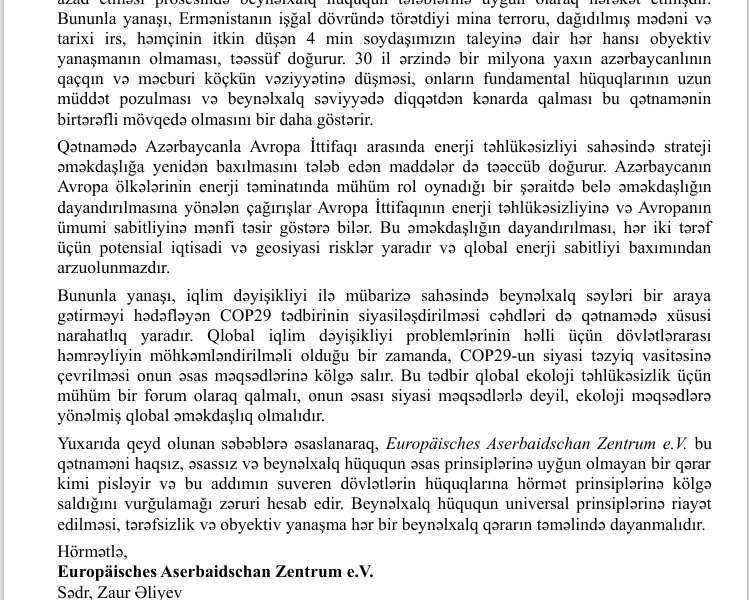 Avropa Azərbaycan Mərkəzi Avropa Parlamentinin qərəzli qətnaməsinə etiraz edib