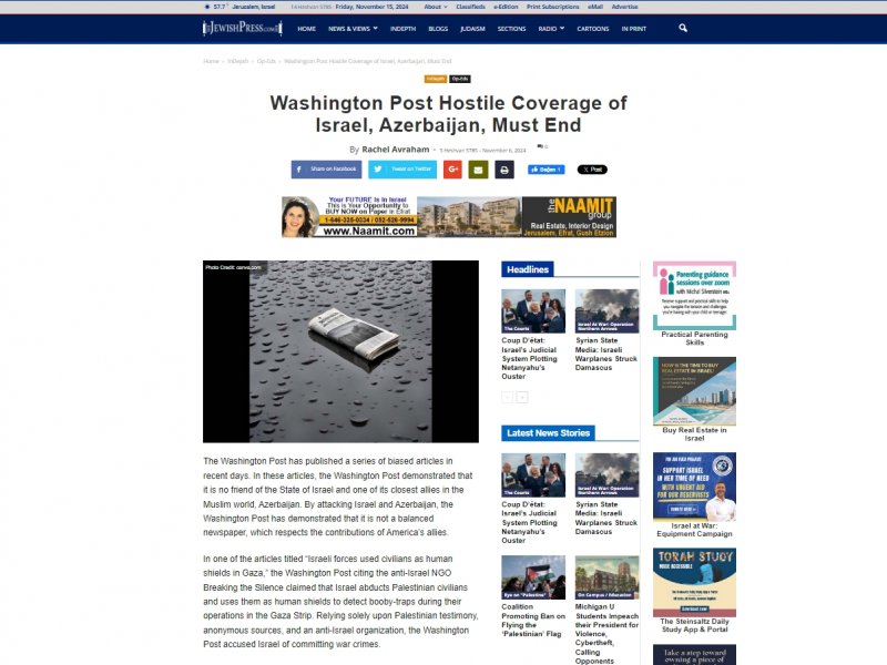 Jewish Press”: “Washington Post” Azərbaycana və İsrailə hücum etməklə özünün qərəzsiz olmadığını göstərdi