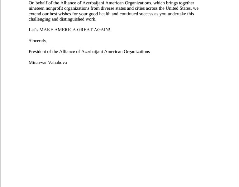 Amerika Azərbaycan Təşkilatları Alyansı Donald Trampa təbrik məktubu ünvanlayıb