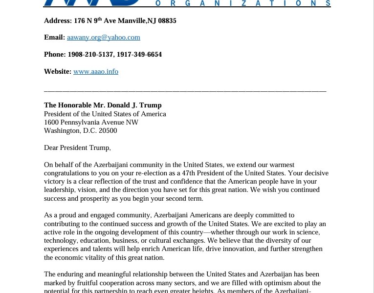 Amerika Azərbaycan Təşkilatları Alyansı Donald Trampa təbrik məktubu ünvanlayıb