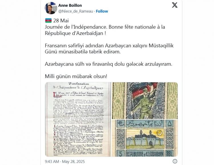 Fransa səfiri Azərbaycanın Müstəqillik Gününü təbrik edib