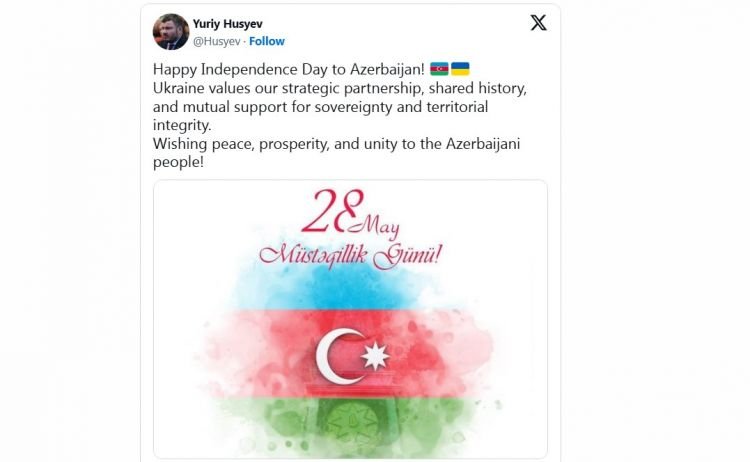 Ukraynanın Azərbaycandakı səfiri Müstəqillik Günü münasibətilə paylaşım edib