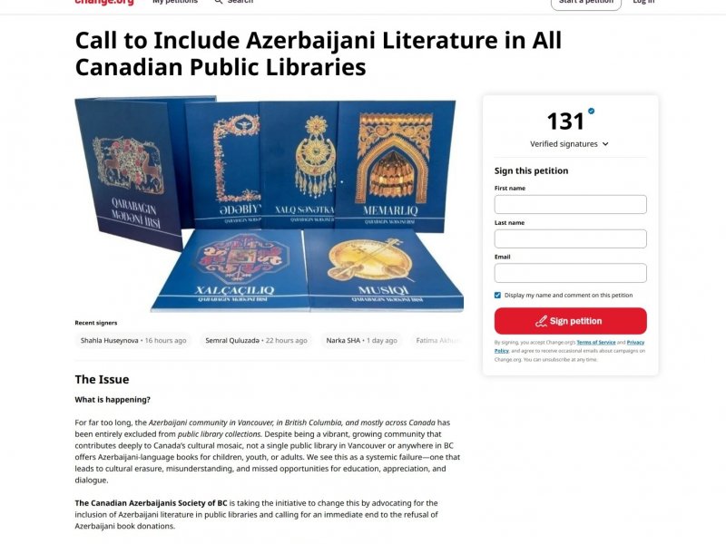 “Soydaşlarımız Kanadada Azərbaycan kitablarına qadağaya etiraz edir
