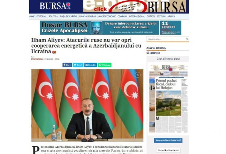 Rumıniyanın Bursa nəşrində Azərbaycan-Ukrayna münasibətlərinə toxunulub