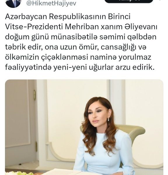 Hikmət Hacıyev Birinci vitse-prezident Mehriban Əliyevanı təbrik edib