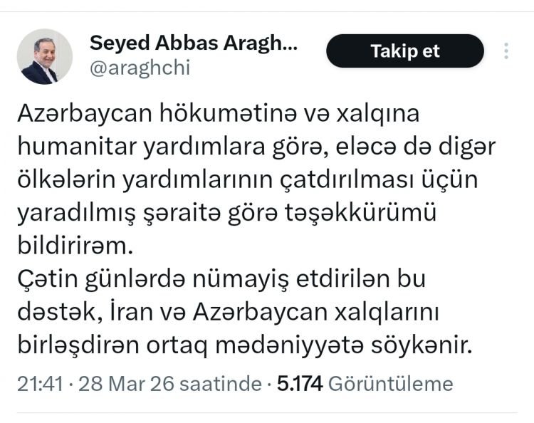 İran XİN rəhbəri humanitar yardımlara görə Azərbaycana təşəkkür edib